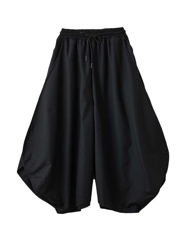 High Waisted Loose Drawstring Elasticity Pockets Solid Color Culotte Pants