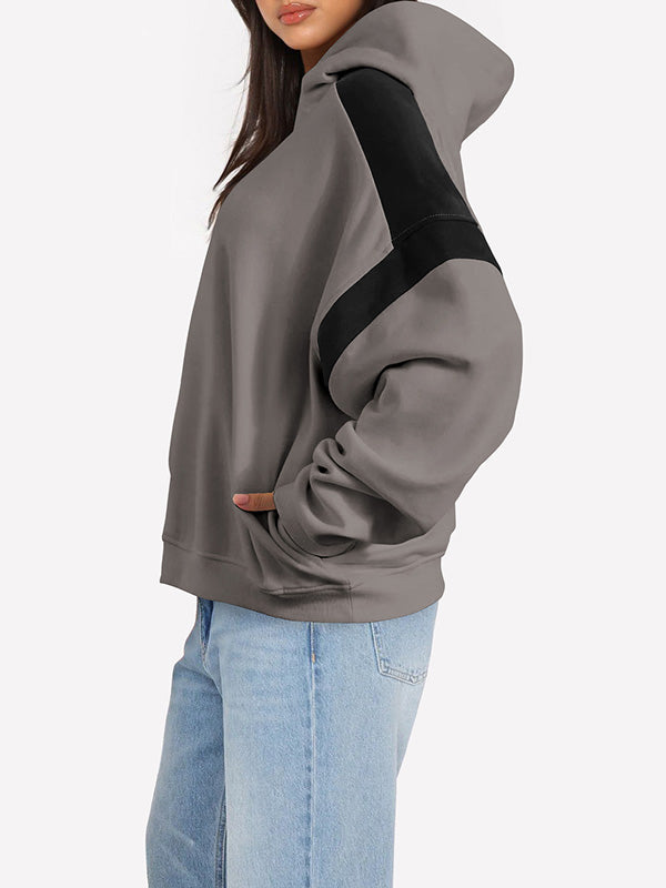 Hooded Long Sleeves Contrast Color Pockets Split-Joint Hoodies Tops