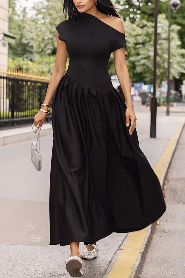 Fashionable Slope Neck Slim Fit Large Hem Maxi Dress