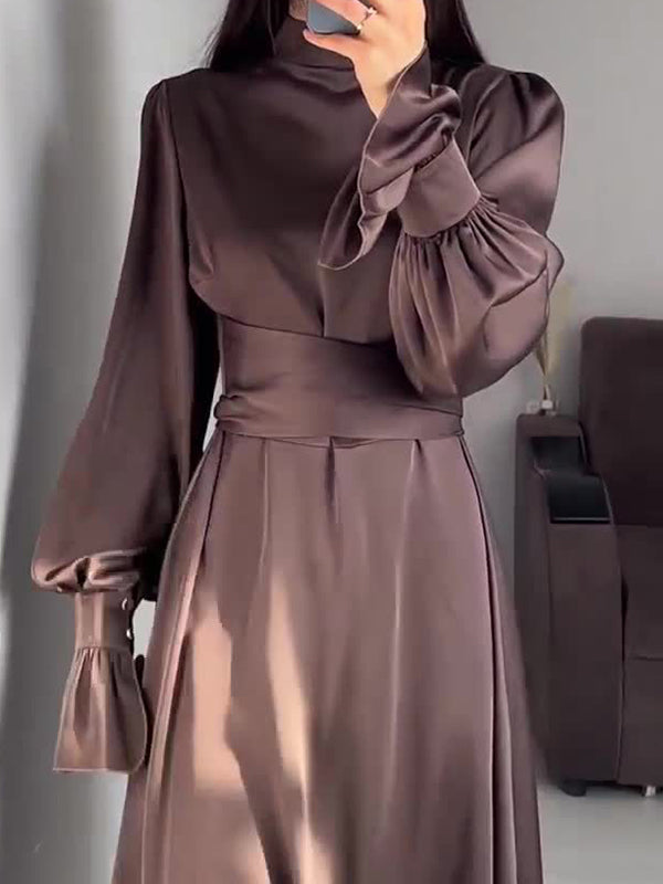 A-Line Long Sleeves Pleated Solid Color Tied Waist Zipper Mock Neck Maxi Dresses