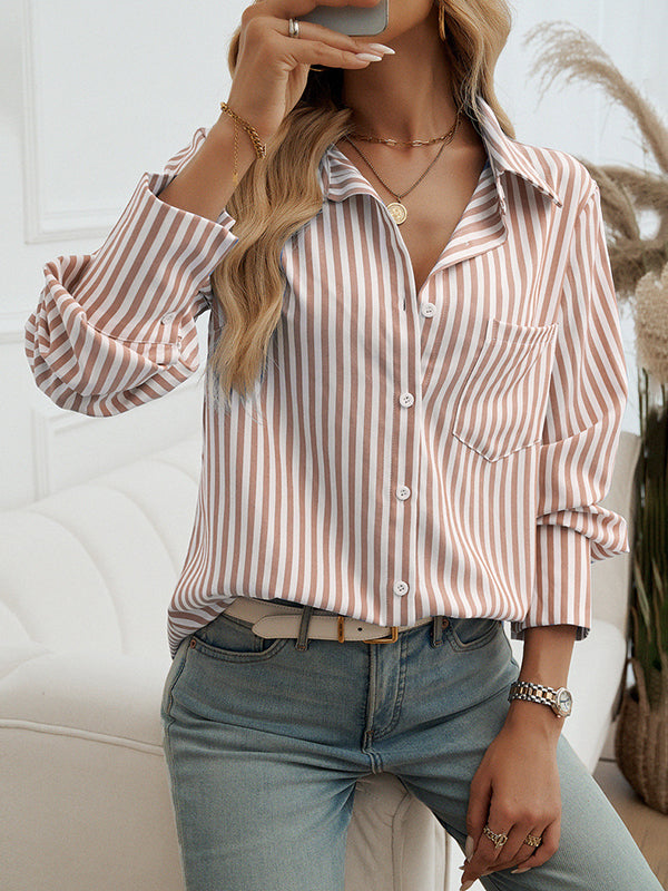 Long Sleeves Loose Buttoned Contrast Color Pockets Striped Lapel Blouses&Shirts Tops