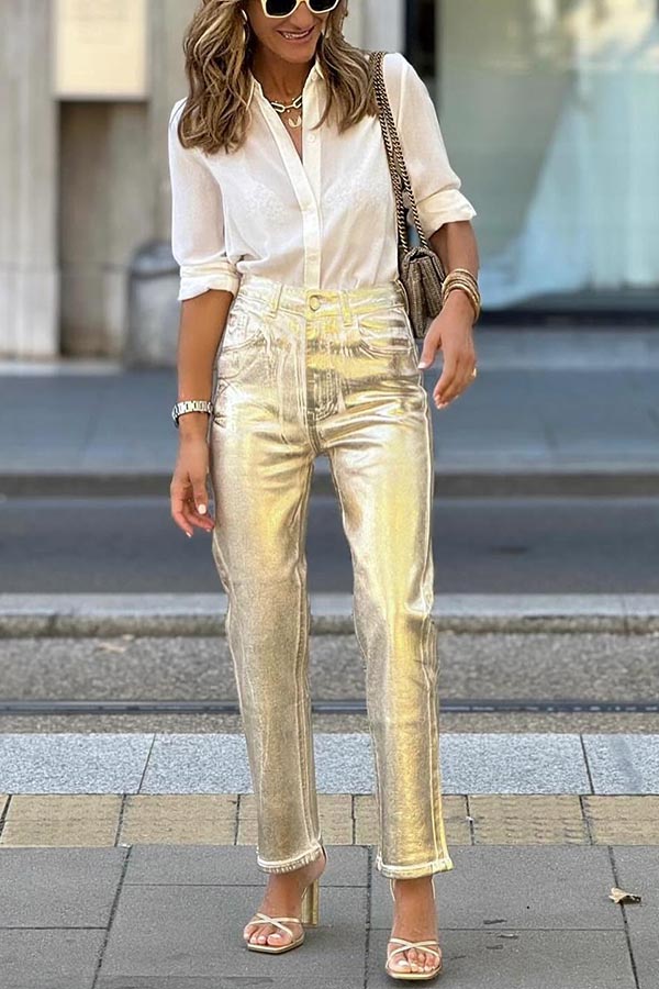 Infinite Ideas Retro Metallic Fabric High Waist Pocketsed Straight Pants