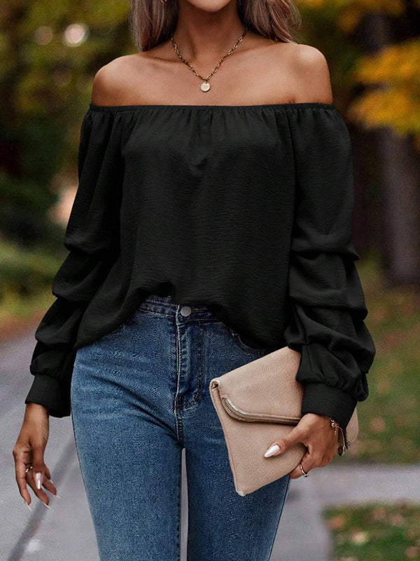 Long Sleeves Loose Elasticity Pleated Solid Color Off-The-Shoulder Blouses&Shirts Tops