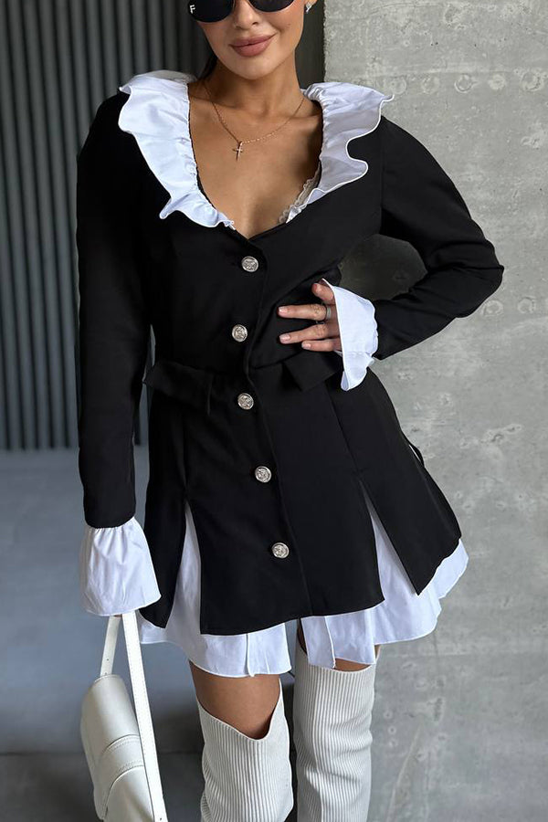 Altair Contrast Ruffled Shirt Patchwork Button Pleated Blazer Mini Dress