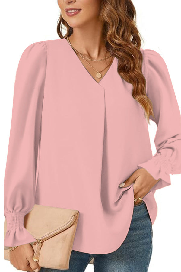 Monochrome V-neck Elastic Cuffs Long-sleeved Loose Shirt