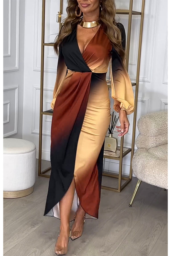 Romantic Sunset Gradient Print Ruched Balloon Sleeve Slit Maxi Dress