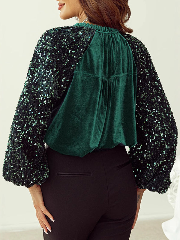 Long Sleeves Loose Buttoned Pleated Sequined Split-Joint Velvet V-Neck Blouses&Shirts Tops