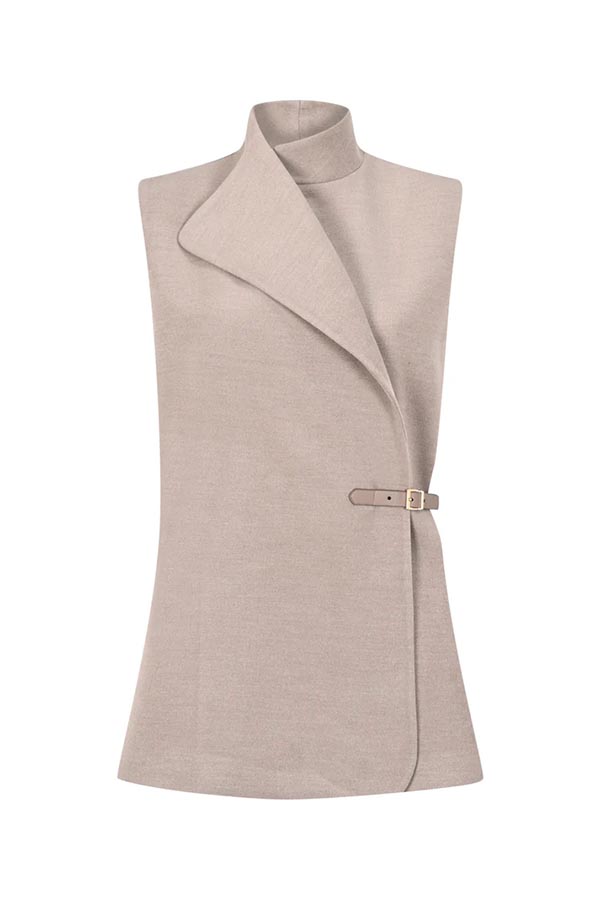 Harper Stand Collar Leather Belt Sleeveless Blazer and High-waisted Wrap Mini Skirt Set