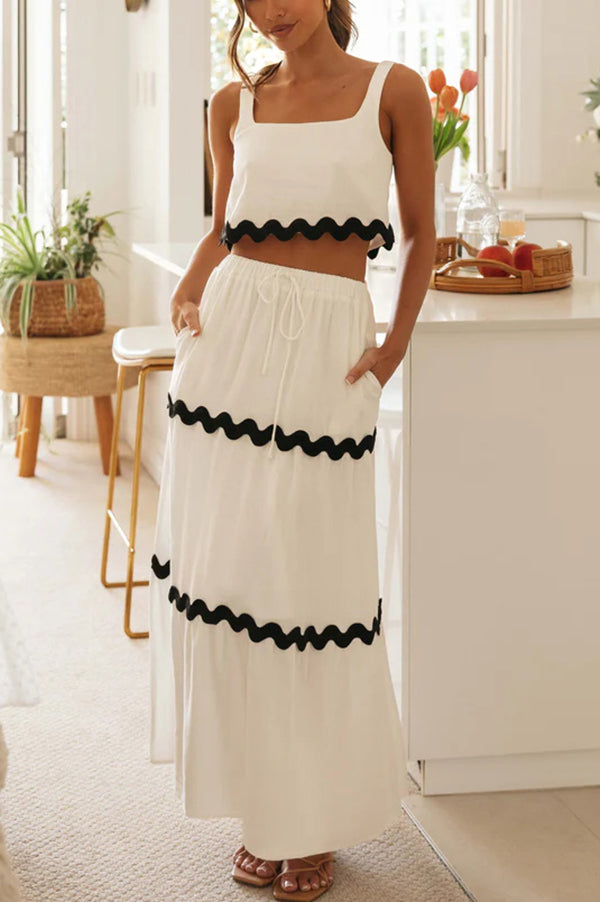 Napa Ric Rac Trims Sleeveless Crop Tank and Drawstring Elastic Waist Pocket Maxi Skirt