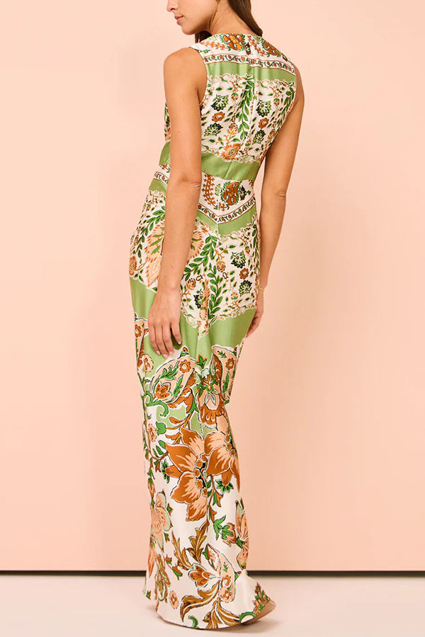 Gaia Satin Unique Paisley Print Central Twist Knot Detail Slit Maxi Dress