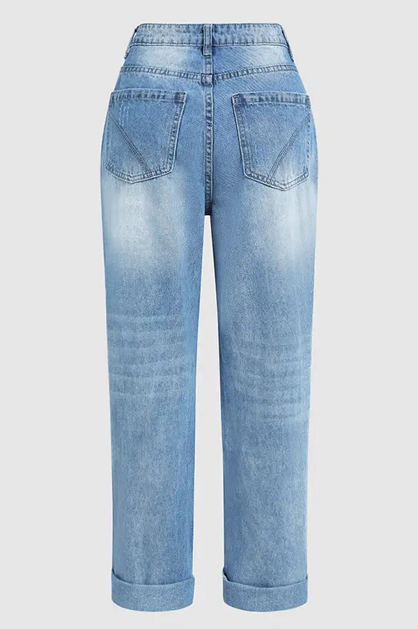 Stylish Ripped Low-rise Buttoned Pockets Baggy Straight-leg Jeans