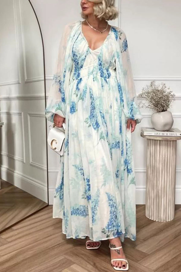 Headed To The Ocean Chiffon Floral Drawstring Waist Maxi Dresses