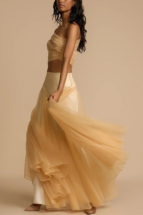 Romance Factor Satin Patchwork Tulle High-waisted Elastic Waist A-line Maxi Skirt