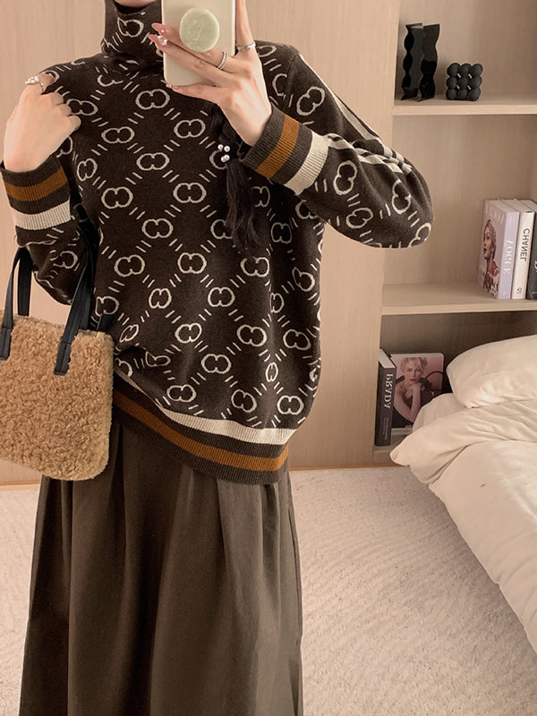 Long Sleeves Loose Contrast Color High Neck Pullovers Sweater Tops