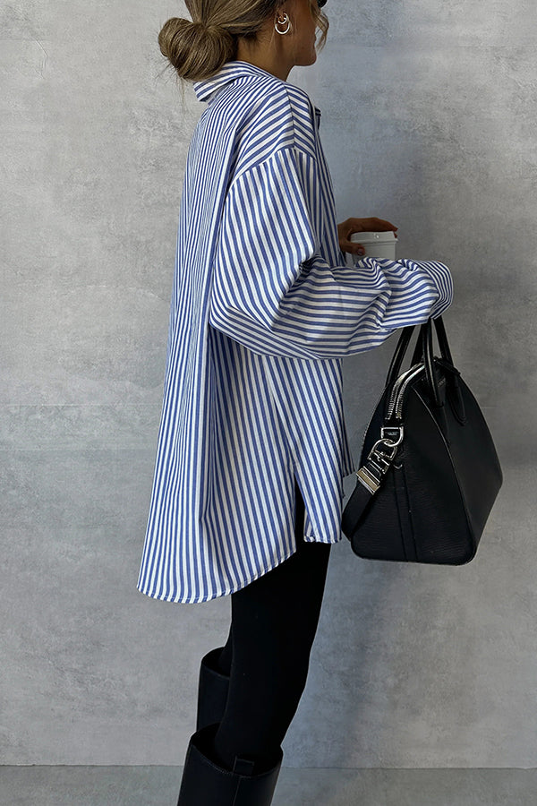 Fashionable Striped Printed Loose Long-sleeved Casual Shirt