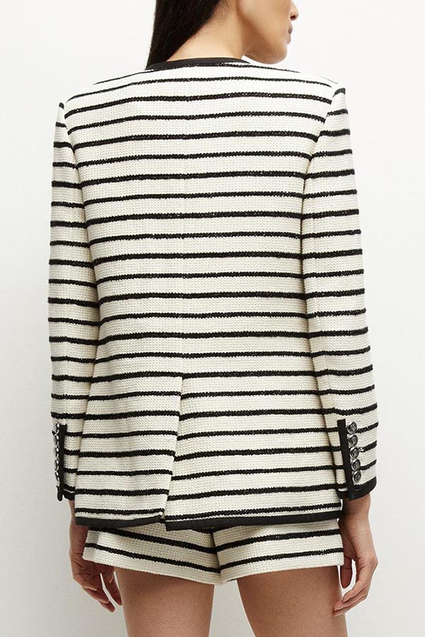 Coco Lady Striped Round Neck Long Sleeve Pocketsed Loose Jacket