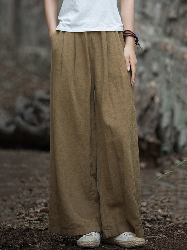 Loose Wide Leg Elasticity Pleated Pockets Solid Color Pants Trousers