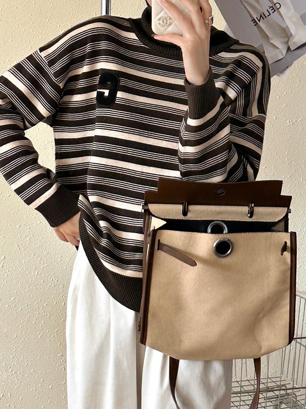 Long Sleeves Loose Contrast Color Split-Joint Striped High Neck Pullovers Sweater Tops