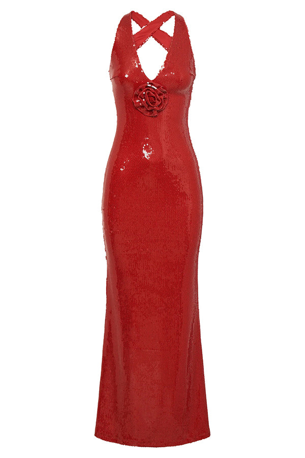 Sicilian Rose Sequin Three-dimensional Floral Sexy Backless Maxi Dress