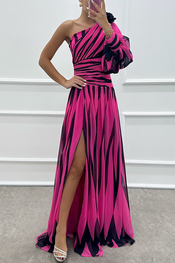 Purely Charming Printed Rose Pendant One Shoulder Pleated Slit Maxi Dress