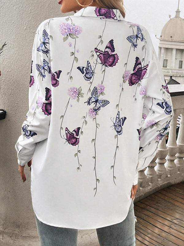 Long Sleeves Loose Butterfly Print Buttoned Lapel Blouses&Shirts Tops