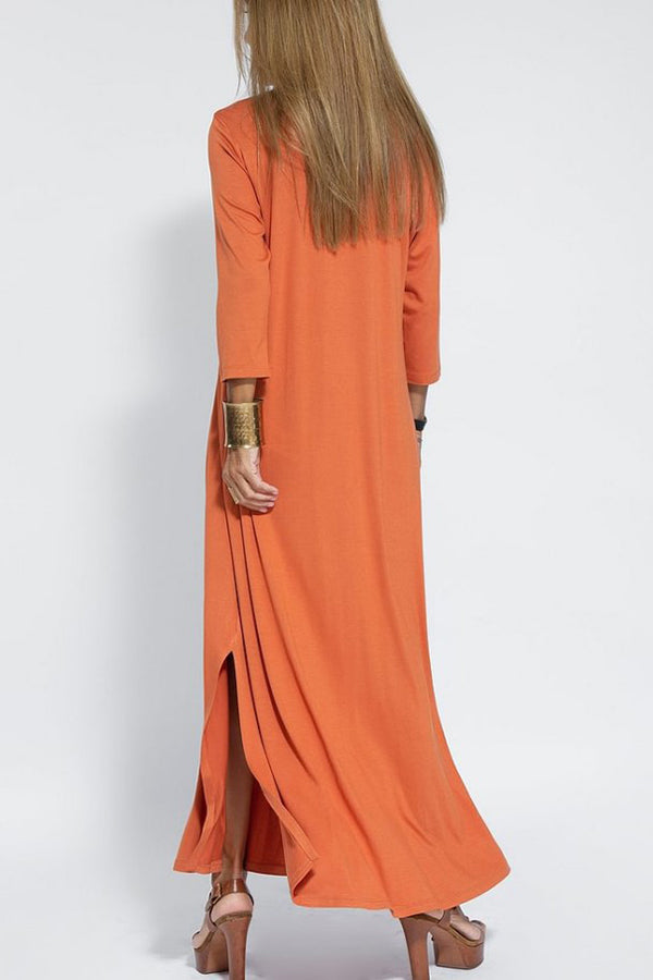 Solid Color V-neck Casual Slit Maxi Dress