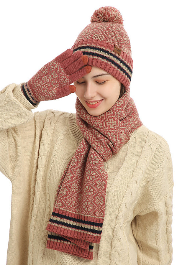 Winter Warm Knitted Hat Scarf Gloves Three-piece Set