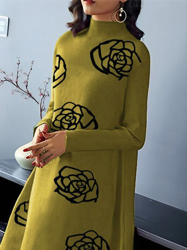 A-Line Long Sleeves Flower Print Mock Neck Midi Dresses