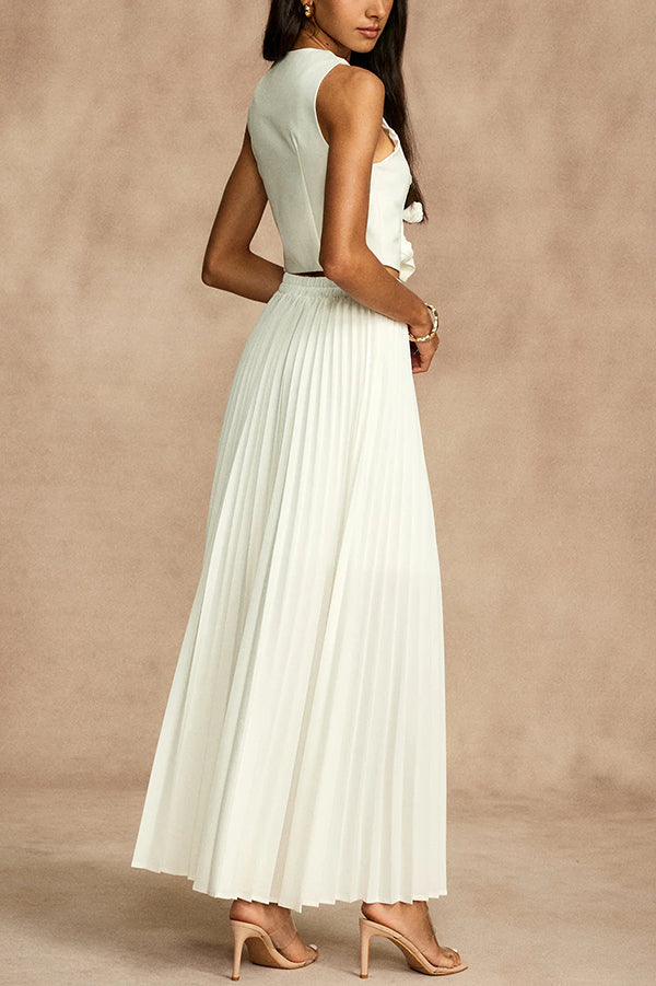 Stylish Rosette Sleeveless Tank Blouse & Pleated Maxi Skirt Set