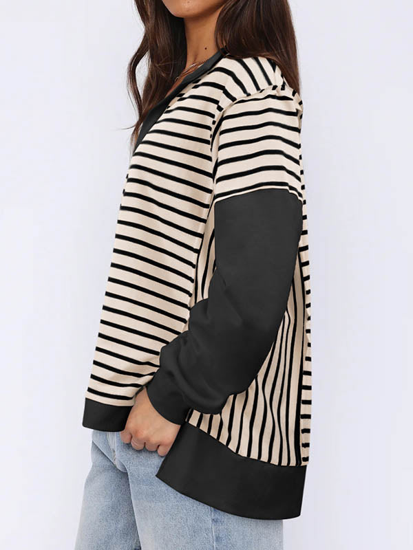 Long Sleeves Loose Contrast Color Split-Joint Striped V-Neck Sweatshirt Tops