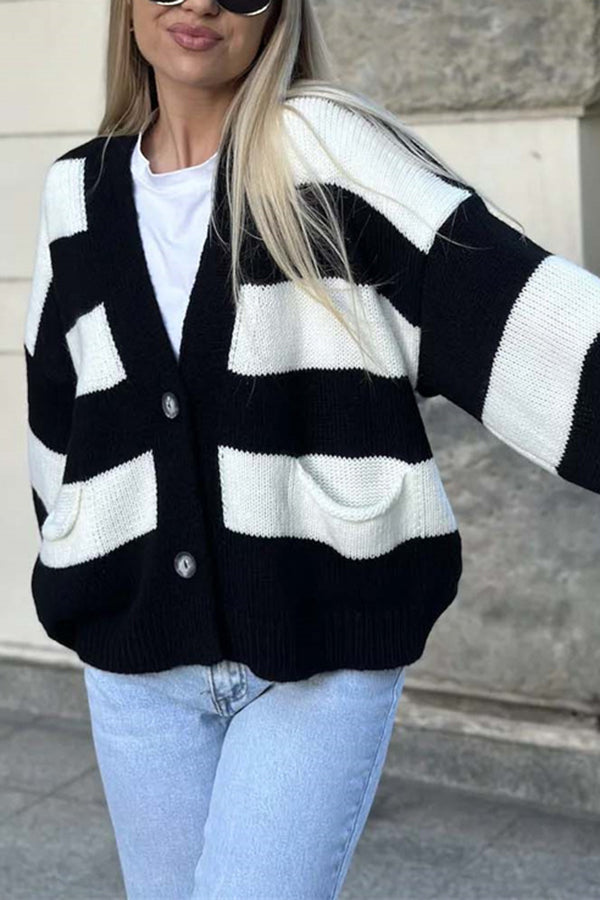 Casual V-neck Long-sleeved Striped Pocket Knitted Cardigan