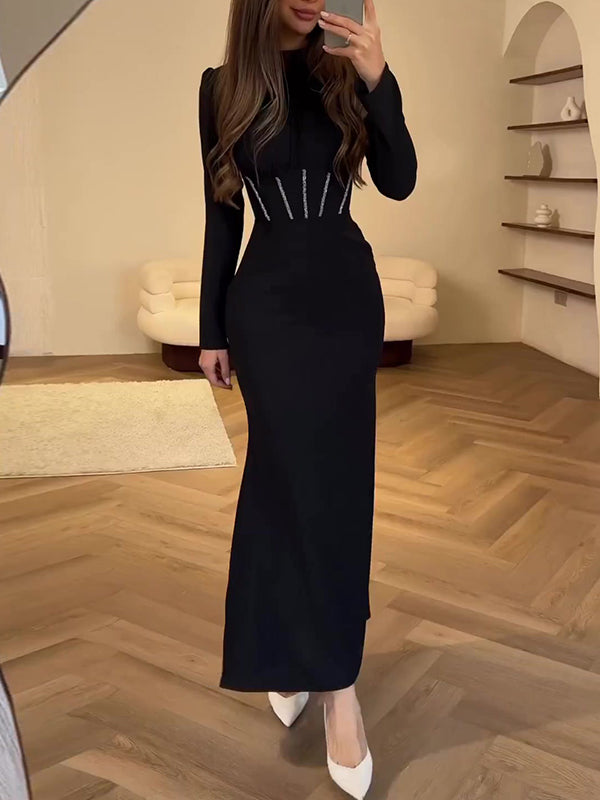 Bodycon Long Sleeves Pleated Solid Color Tied Zipper Mock Neck Maxi Dresses