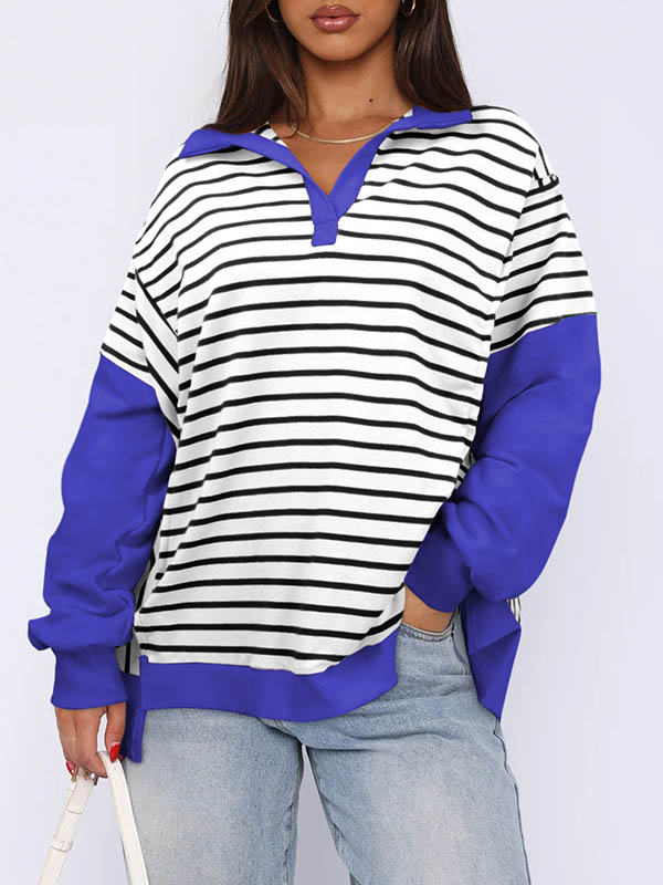 Long Sleeves Loose Contrast Color Split-Joint Striped V-Neck Sweatshirt Tops