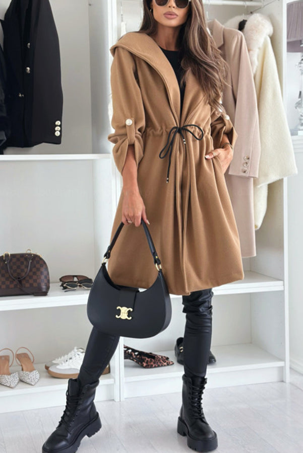 Effortless and Warm Textured Fabric Drawstring Waist Pocket Hooded Midi Coat