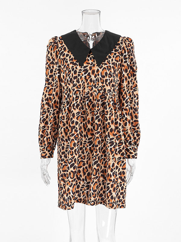 Loose Puff Sleeves Leopard Pleated Printed Split-Joint Peter Pan Collar Mini Dresses Shirt Dress