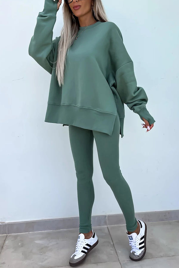 Solid Color Loose Long Sleeve SlitSweatshirt and Elastic Waist Tight Pants Set