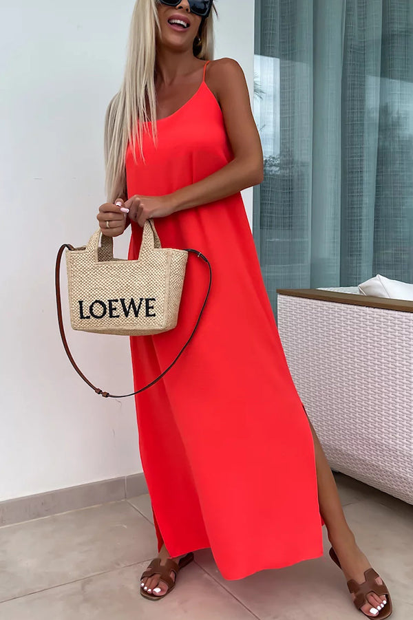 Solid Color Resort Style Spaghetti Strap Backless Maxi Dress