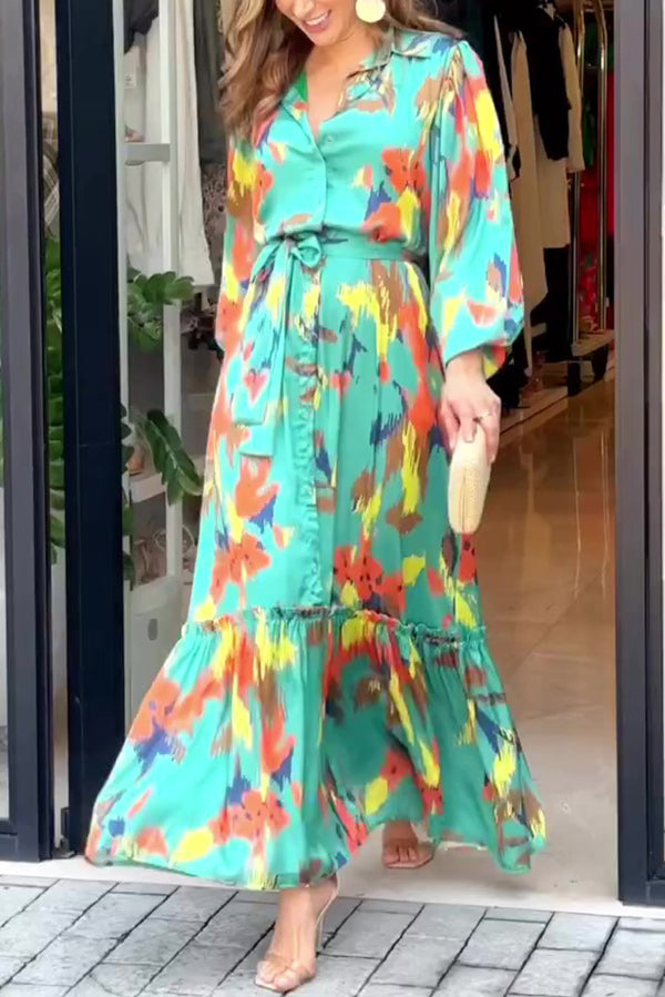 Multicolor Printed Lapel Balloon Sleeves Tie-waist Maxi Dress