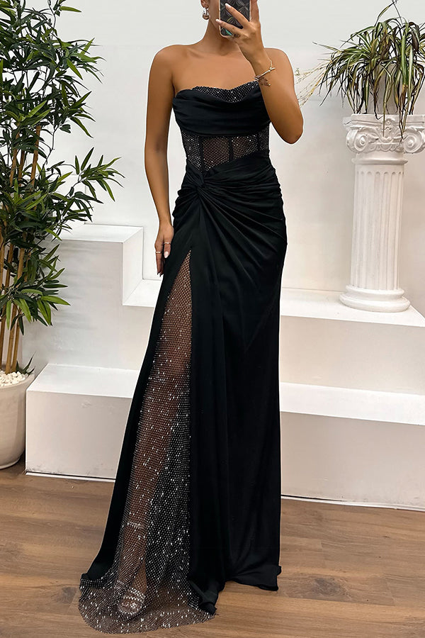 Audrey Satin Paneled Mesh Sequin Fabric Off Shoulder Ruched Drape Maxi Dress