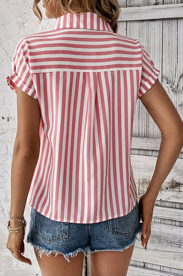 Striped Print Short Sleeve Pocket Shirt Top