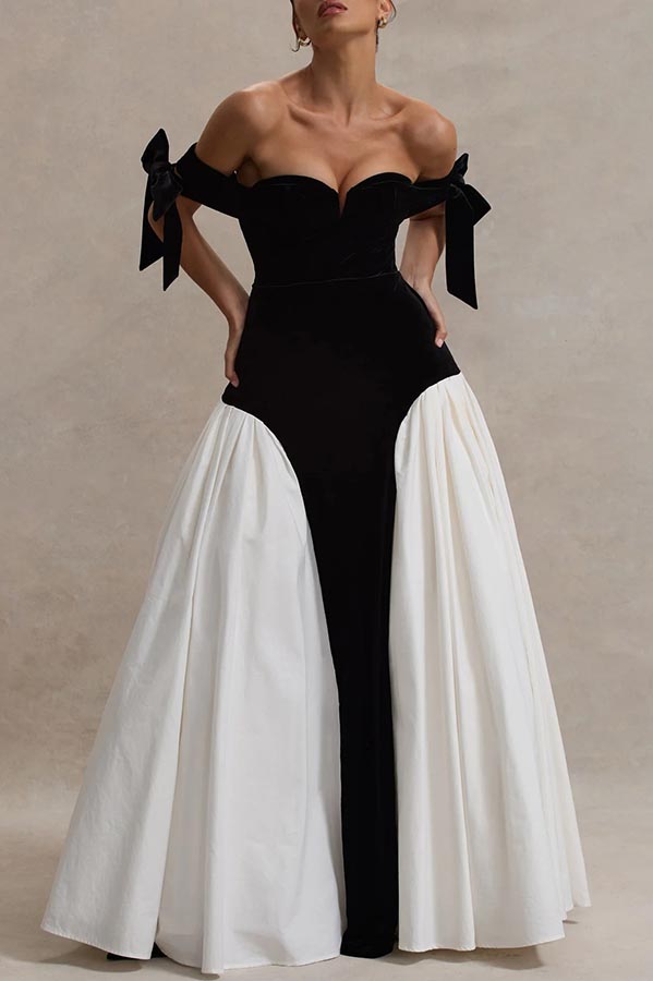 Phantom of The Opera Velvet Contrast Patchwork Bow Sweetheart Neck Maxi Dress