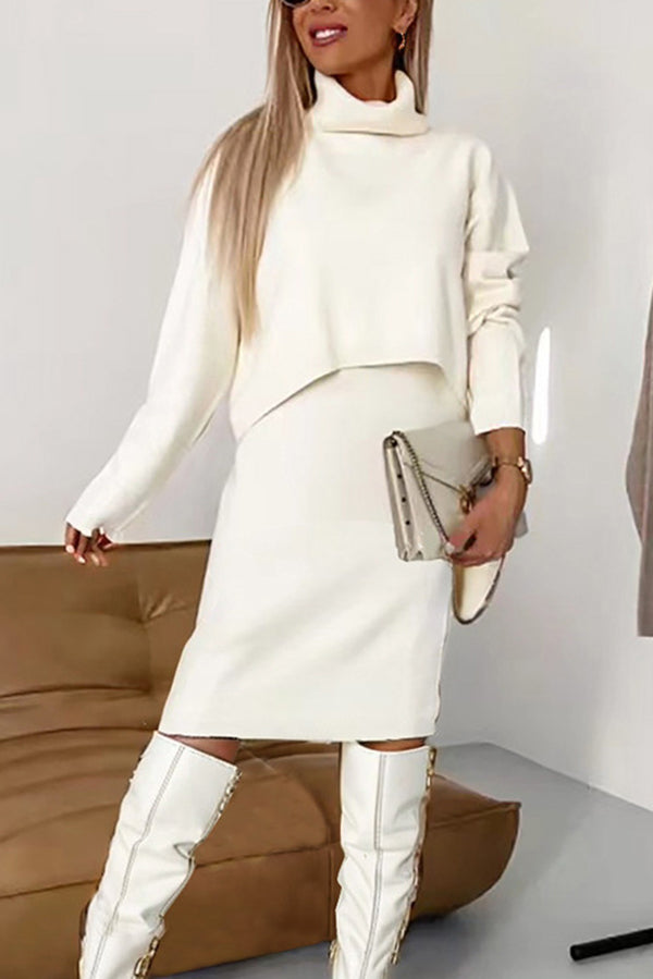 Monochrome Turtleneck Sweater & Knee Length Dress Set