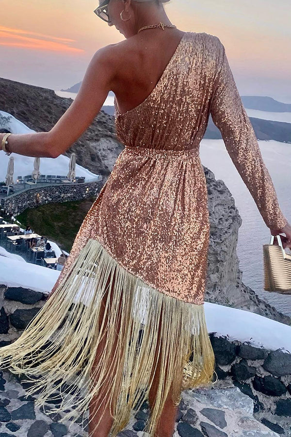 For The Love Gold Sequin One Shoulder Belted Fringes Midi Dress