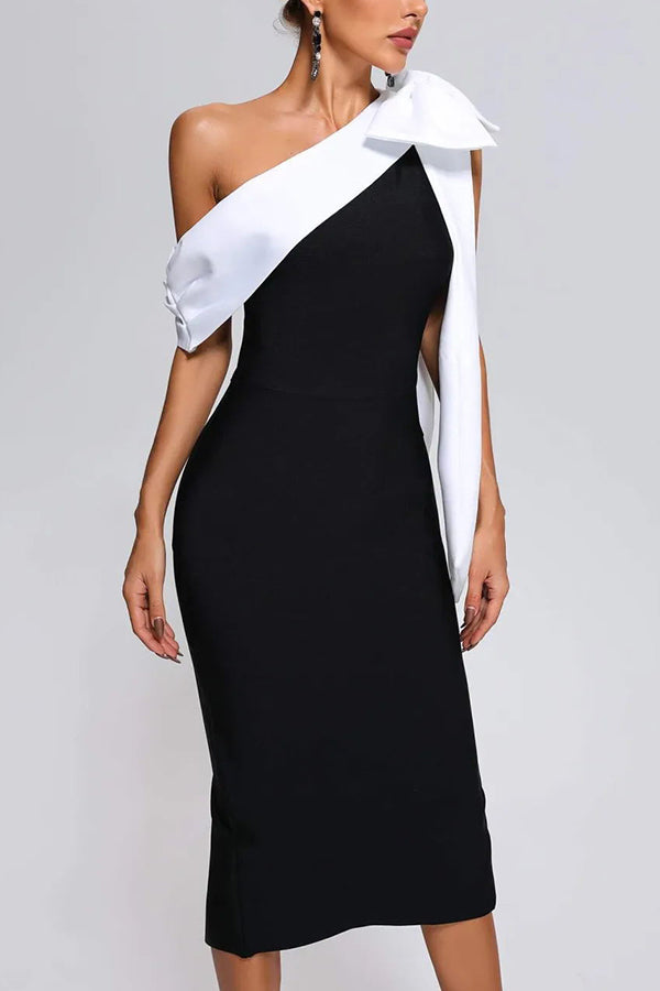 Elegant Evening Look One Shoulder B&age Bow Elastic Midi Dress