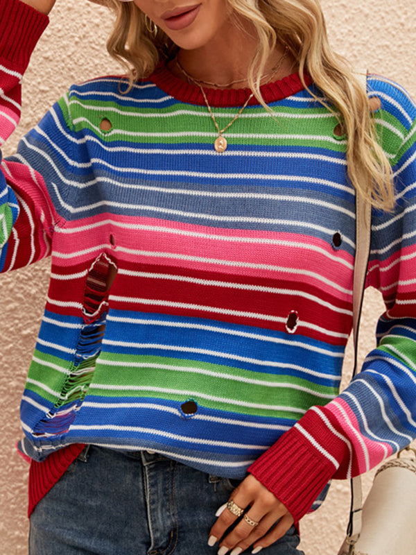 Long Sleeves Loose Contrast Color Hollow Striped Round-Neck Pullovers Sweater Tops