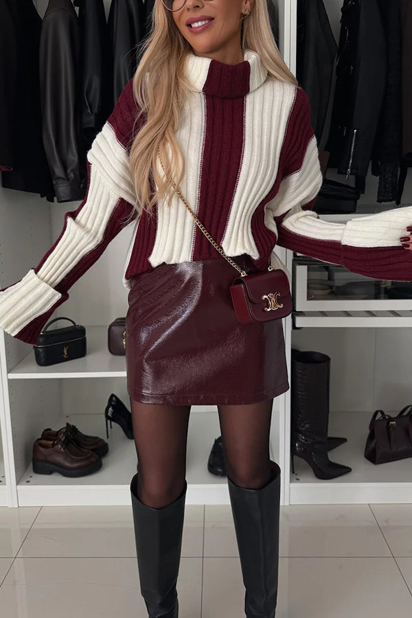 Comfort and Warmth Knit Color Block Long Sleeve Turtleneck Sweater