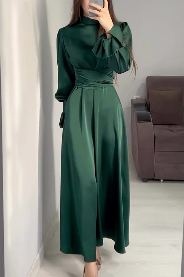 Solid Color Ruffled Sleeves Waisted Tie Slim Fit Maxi Dress