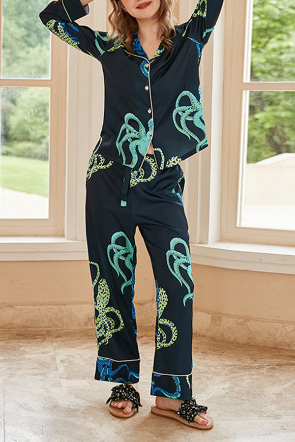 Black Octopus Print Home Long-sleeved Two-piece Set