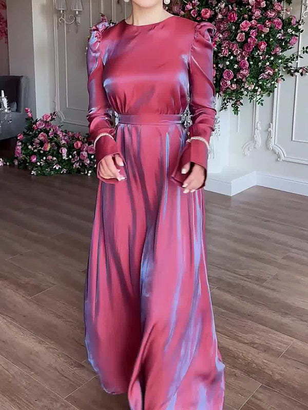 A-Line Long Sleeves Pleated Solid Color Tied Waist Zipper Round-Neck Maxi Dresses