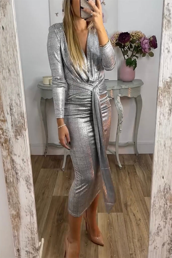 Shiny Lady Metallic Fabric Padded Long Sleeve Tie-up Ruched Midi Dress